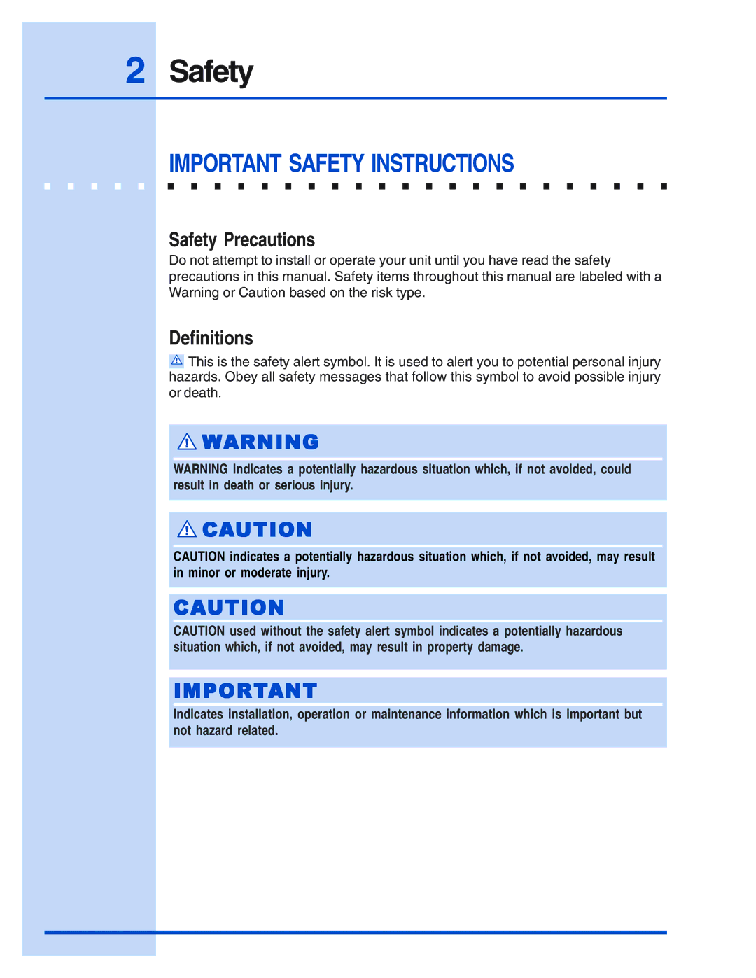 Electrolux E46DD75ESS, E48DD75ESS, E36DD75ESS, E30DD75ESS installation instructions Safety 