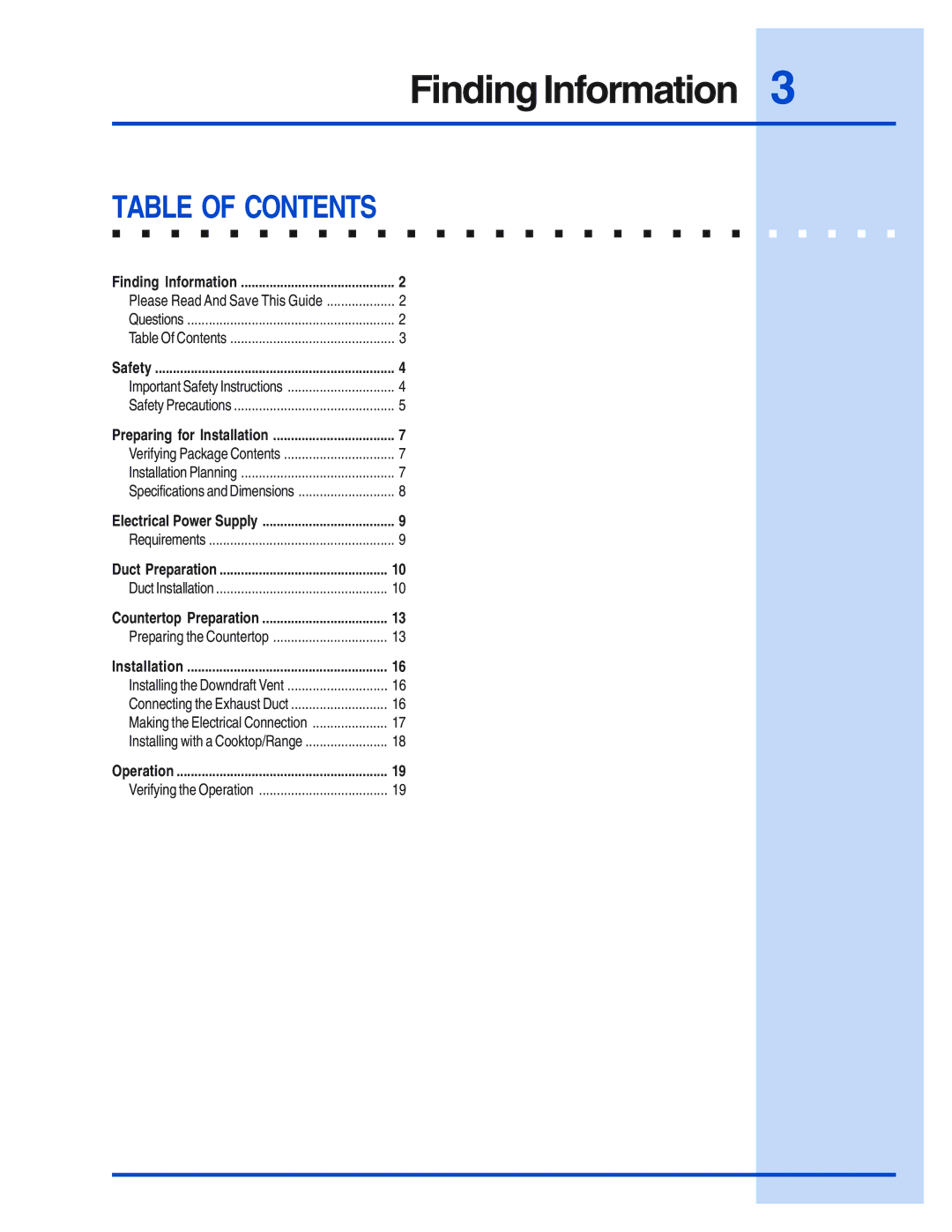 Electrolux E30DD75ESS, E48DD75ESS, E46DD75ESS, E36DD75ESS installation instructions Table of Contents 