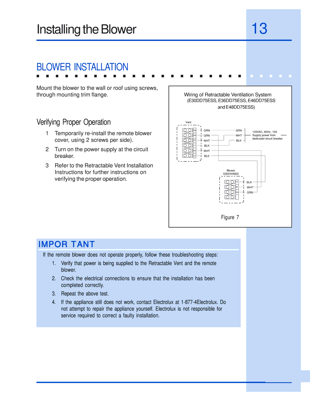 Electrolux E48DD75ESS, E46DD75ESS, E36DD75ESS, E30DD75ESS installation instructions Installing the Blower, Blower Installation 