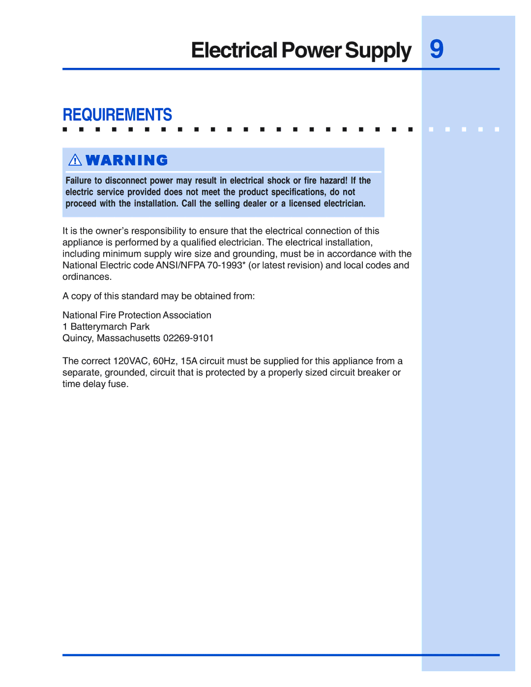 Electrolux E46DD75ESS, E48DD75ESS, E36DD75ESS, E30DD75ESS installation instructions Electrical Power Supply, Requirements 