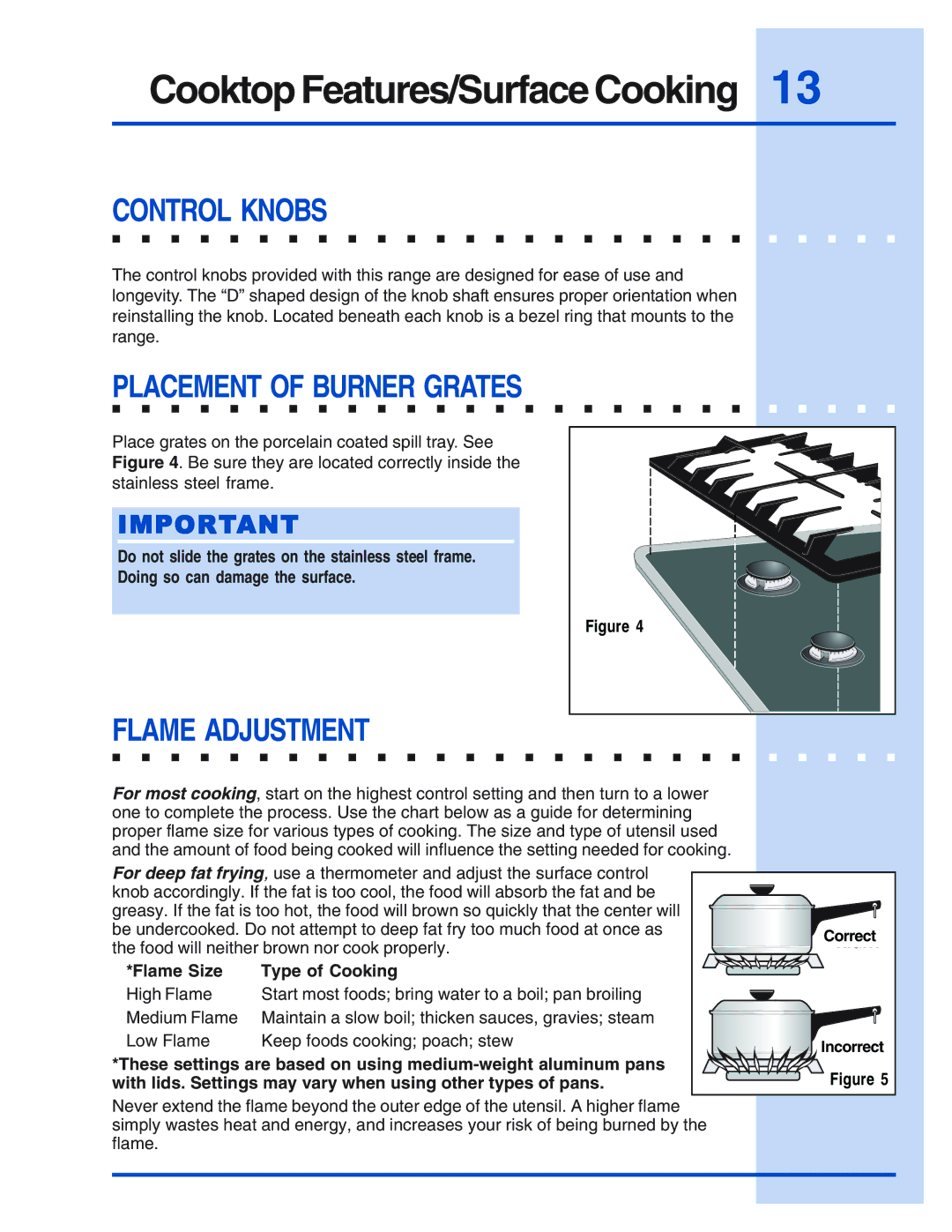 Electrolux E30DF74EPS, E48DF76EPS, E36DF76EPS manual Cooktop Features/Surface Cooking, Control Knobs, Flame Adjustment 