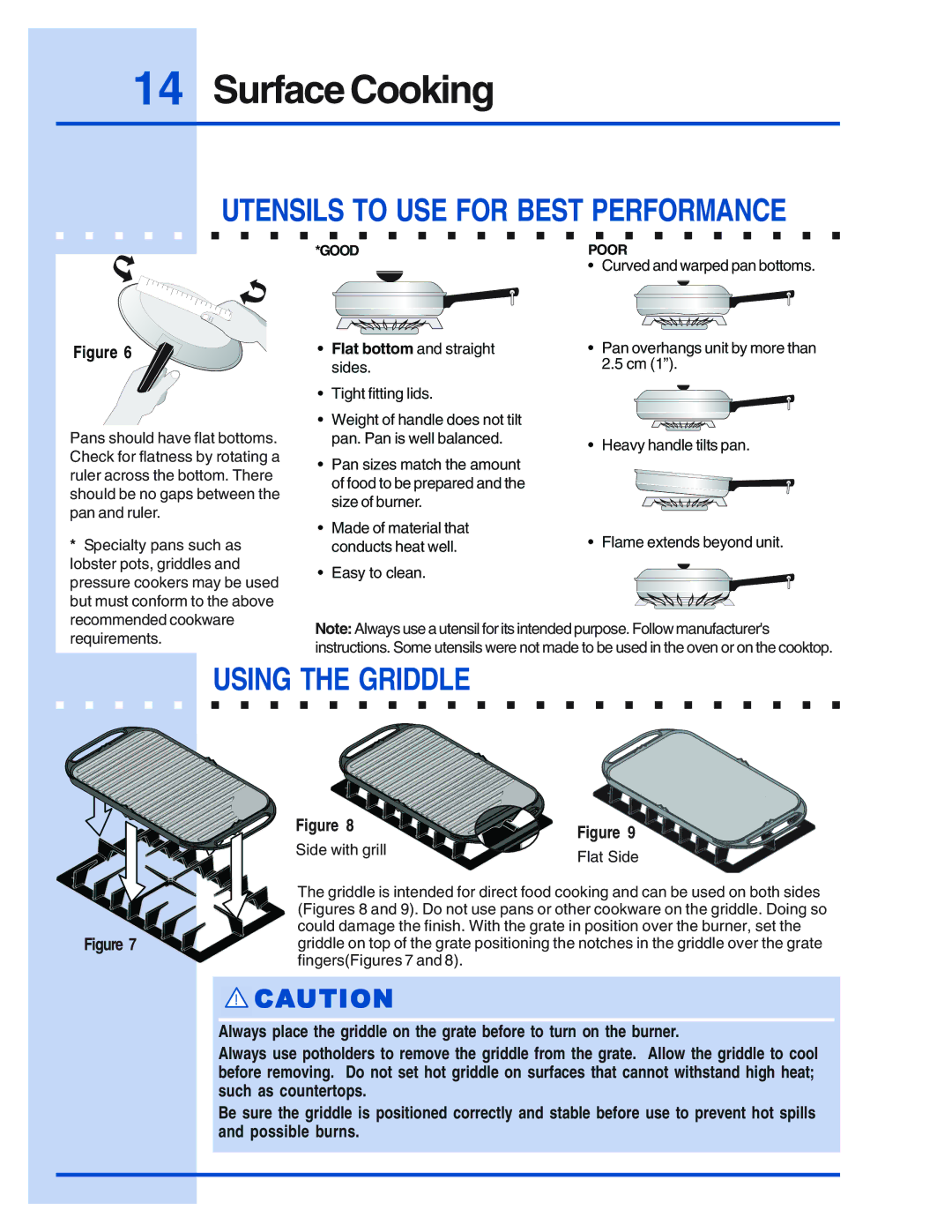 Electrolux E36DF76EPS, E48DF76EPS, E30DF74EPS manual Surface Cooking, Utensils to USE for Best Performance, Using the Griddle 