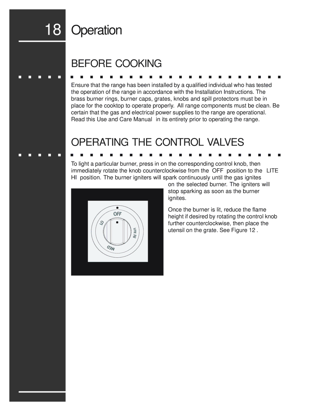 Electrolux E48DF76EPS, E30DF74EPS, E36DF76EPS manual Operation, Before Cooking, Operating the Control Valves 