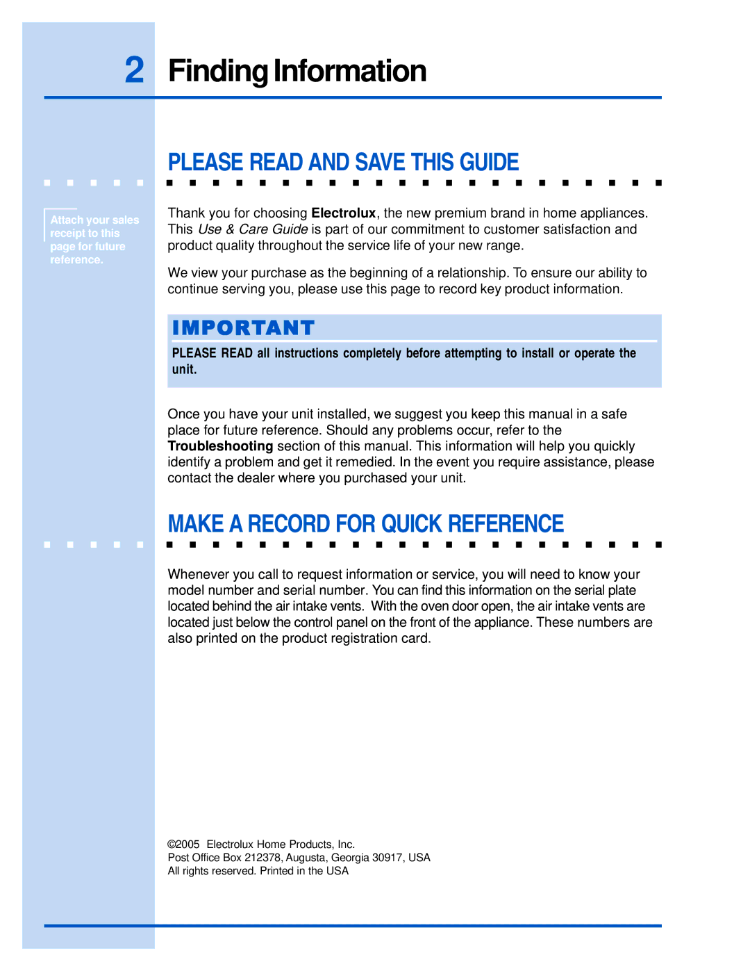 Electrolux E36DF76EPS, E48DF76EPS Finding Information, Please Read and Save this Guide, Make a Record for Quick Reference 