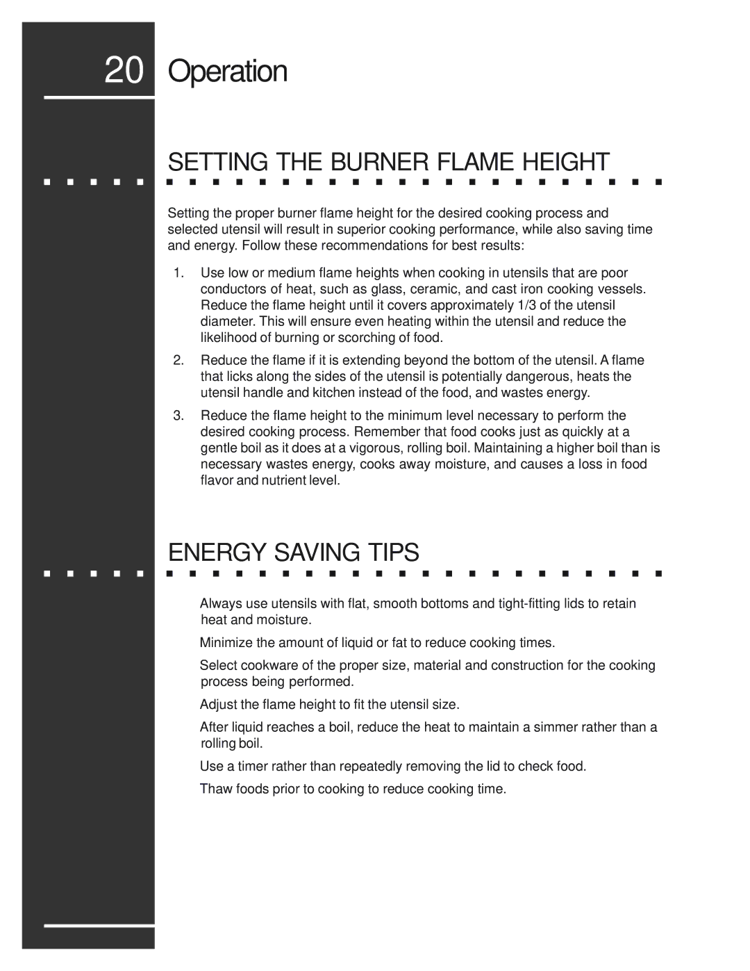 Electrolux E36DF76EPS, E48DF76EPS, E30DF74EPS manual Setting the Burner Flame Height, Energy Saving Tips 