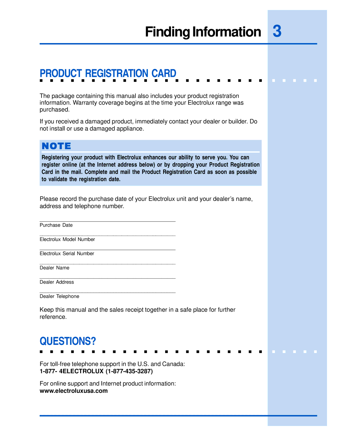 Electrolux E48DF76EPS, E30DF74EPS, E36DF76EPS manual Product Registration Card, Questions? 