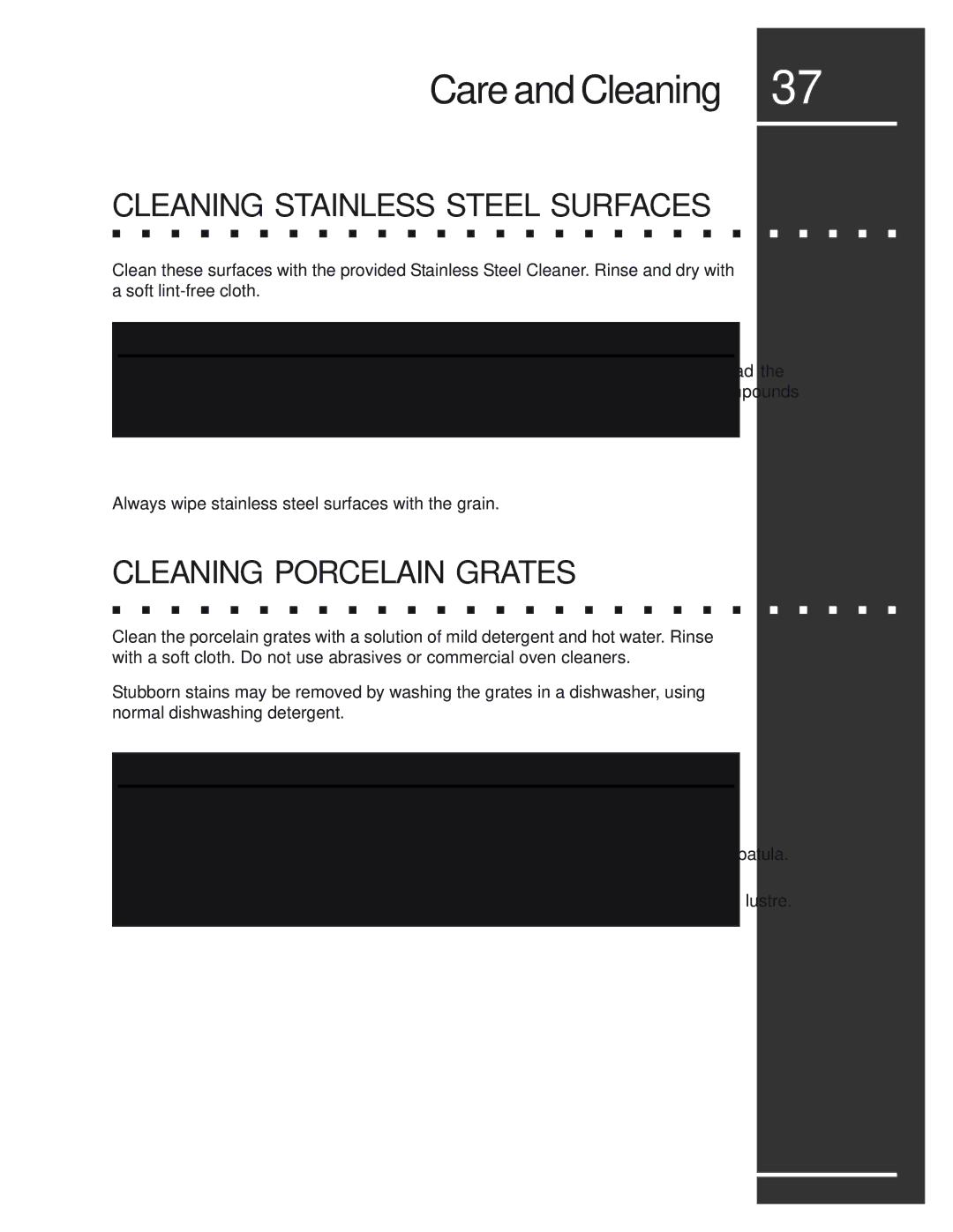 Electrolux E30DF74EPS, E48DF76EPS, E36DF76EPS manual Cleaning Stainless Steel Surfaces, Cleaning Porcelain Grates 