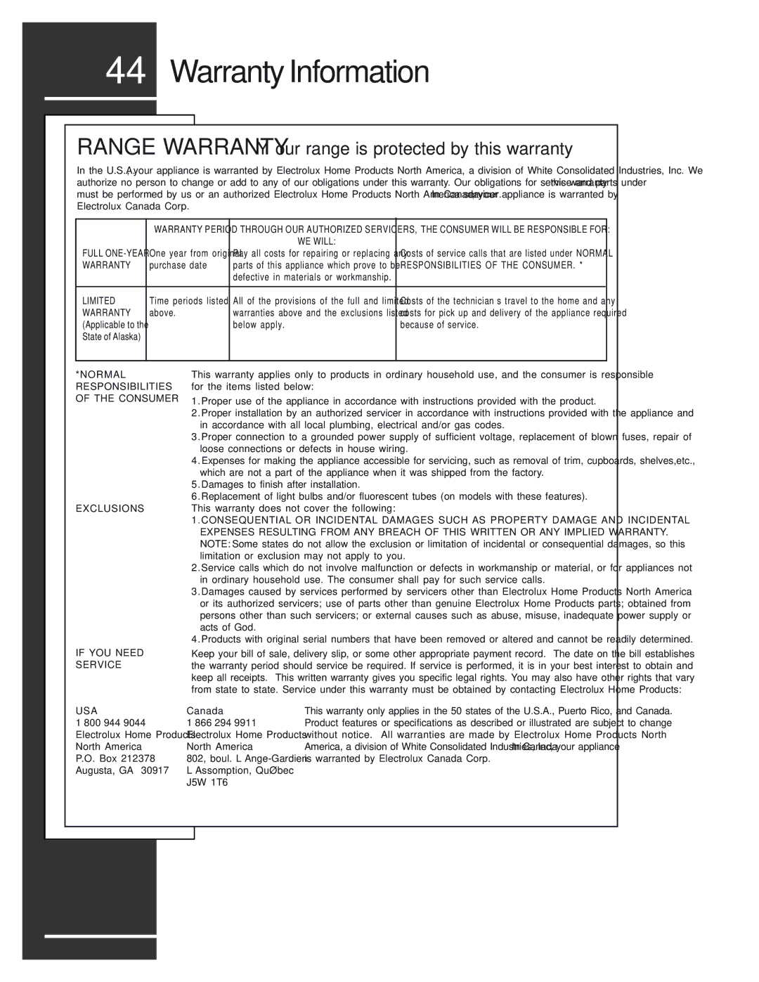 Electrolux E36DF76EPS, E48DF76EPS manual Warranty Information, Range Warranty Y our range is protected by this warranty 