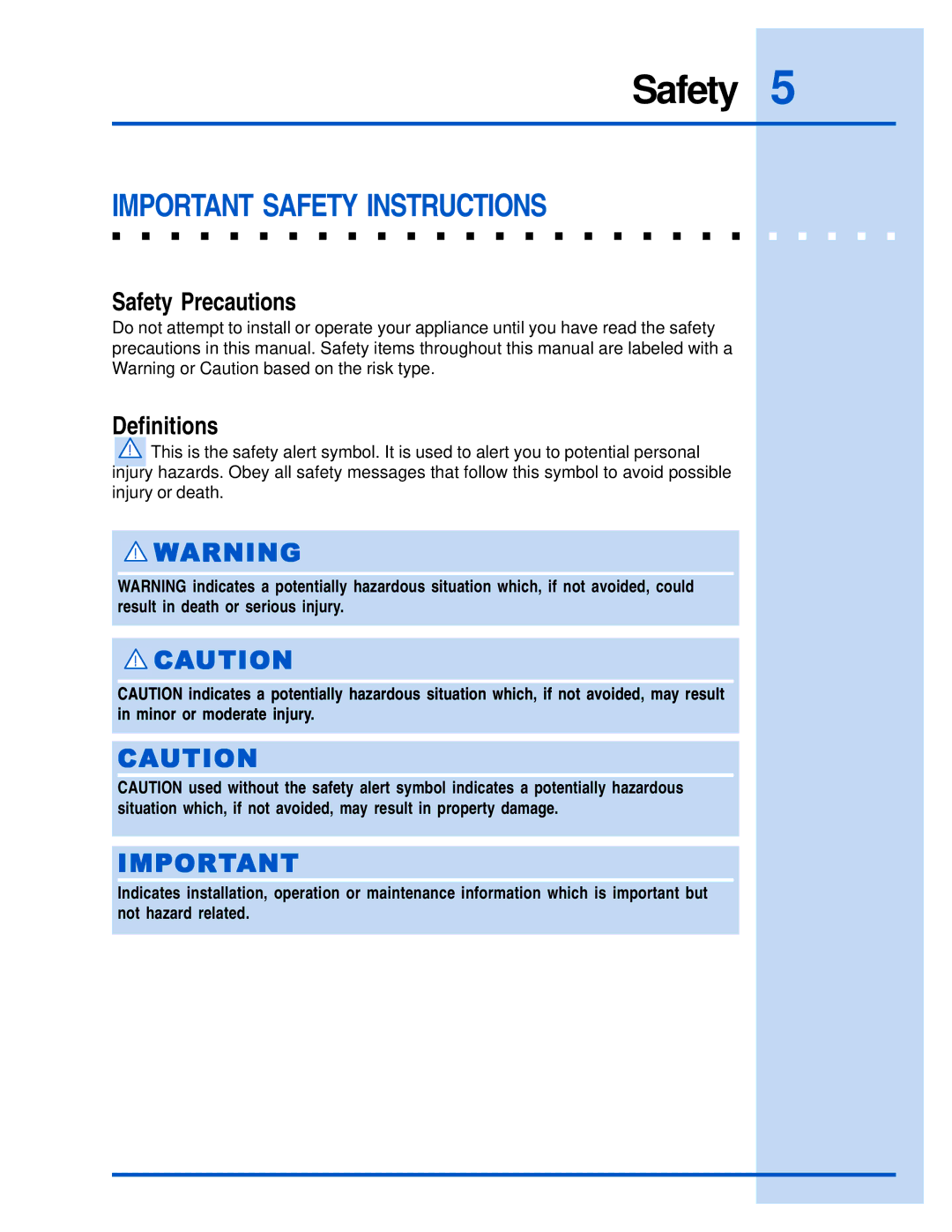 Electrolux E36DF76EPS, E48DF76EPS, E30DF74EPS manual Important Safety Instructions, Safety Precautions, Definitions 