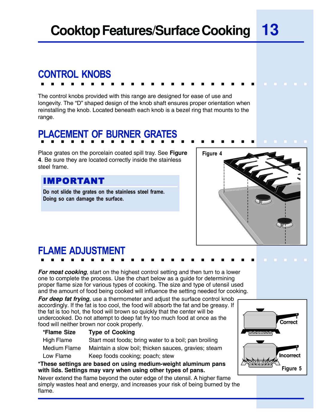 Electrolux E48GC76EPS manual Cooktop Features/Surface Cooking, Control Knobs, Flame Adjustment 