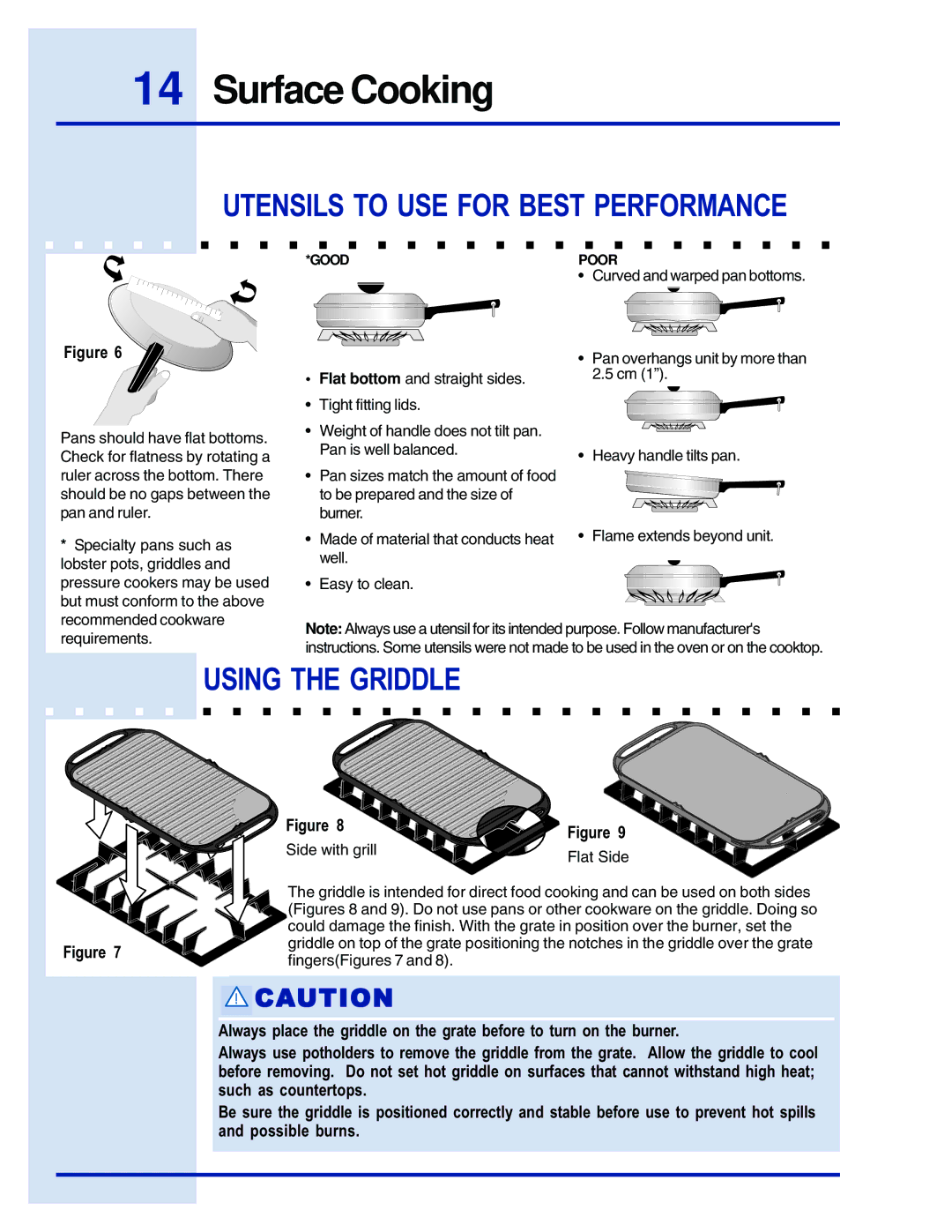 Electrolux E48GC76EPS manual Surface Cooking, Utensils to USE for Best Performance, Using the Griddle 