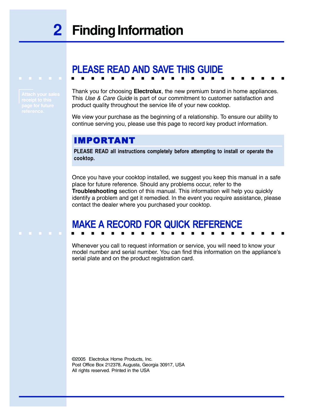 Electrolux E48GC76EPS manual Finding Information, Please Read and Save this Guide, Make a Record for Quick Reference 