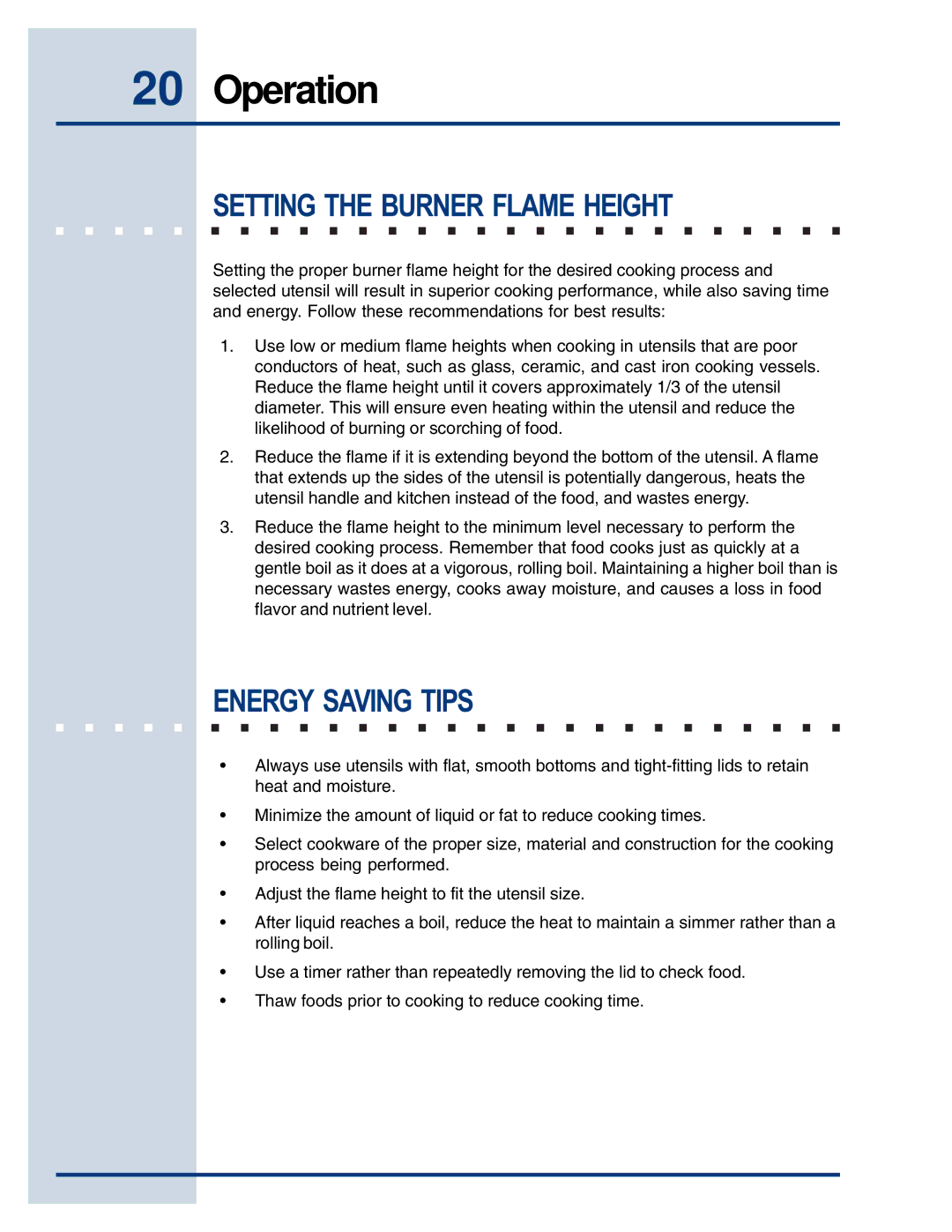 Electrolux E48GC76EPS manual Setting the Burner Flame Height, Energy Saving Tips 