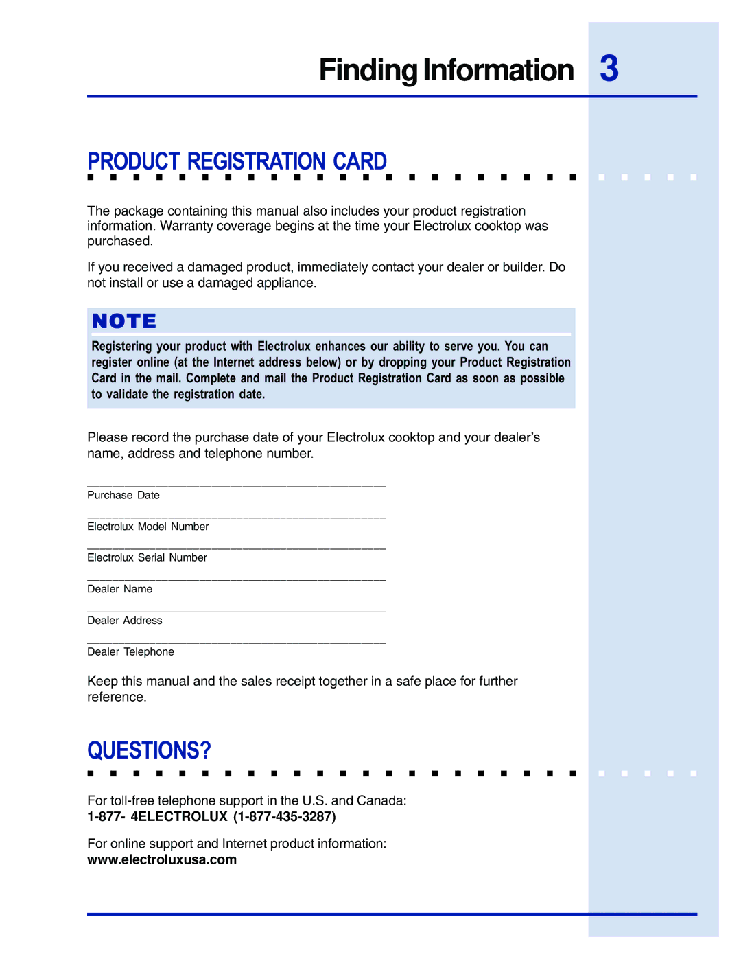 Electrolux E48GC76EPS manual Product Registration Card, Questions? 