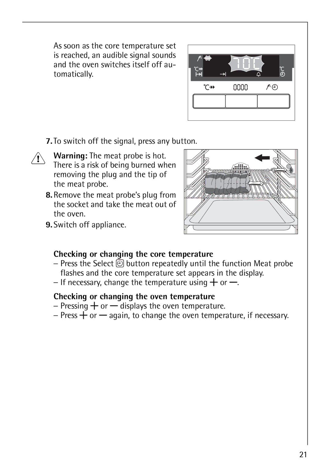 Electrolux E5731-4 manual Checking or changing the core temperature, Checking or changing the oven temperature 