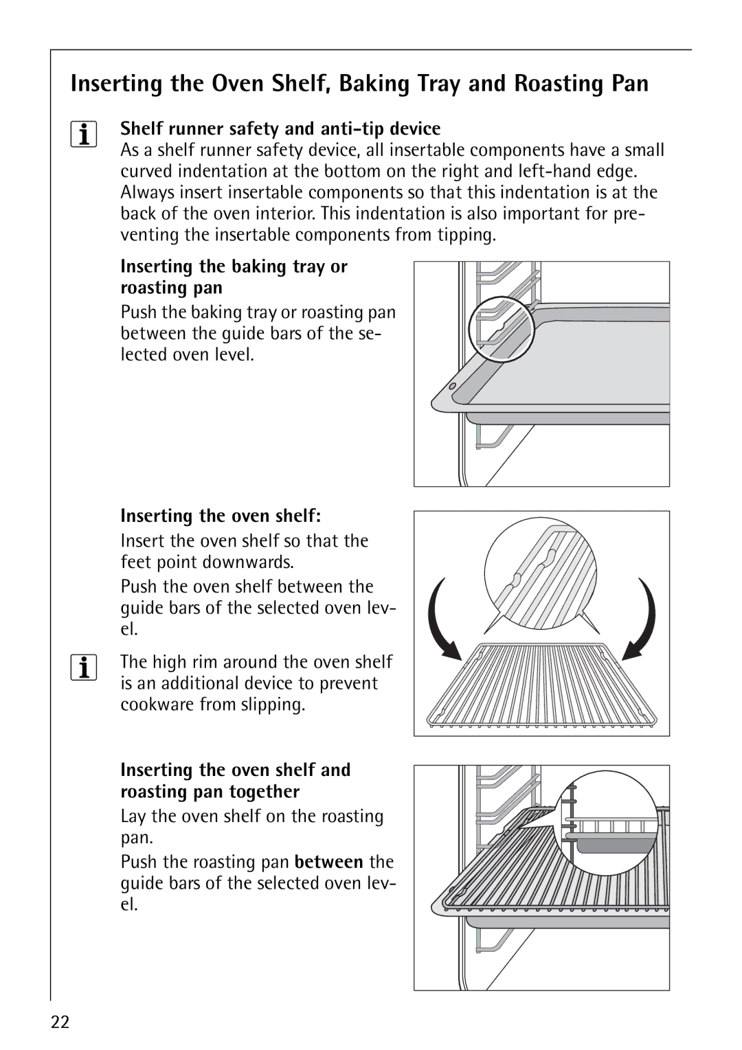 Electrolux E5731-4 manual Shelf runner safety and anti-tip device, Inserting the baking tray or roasting pan 