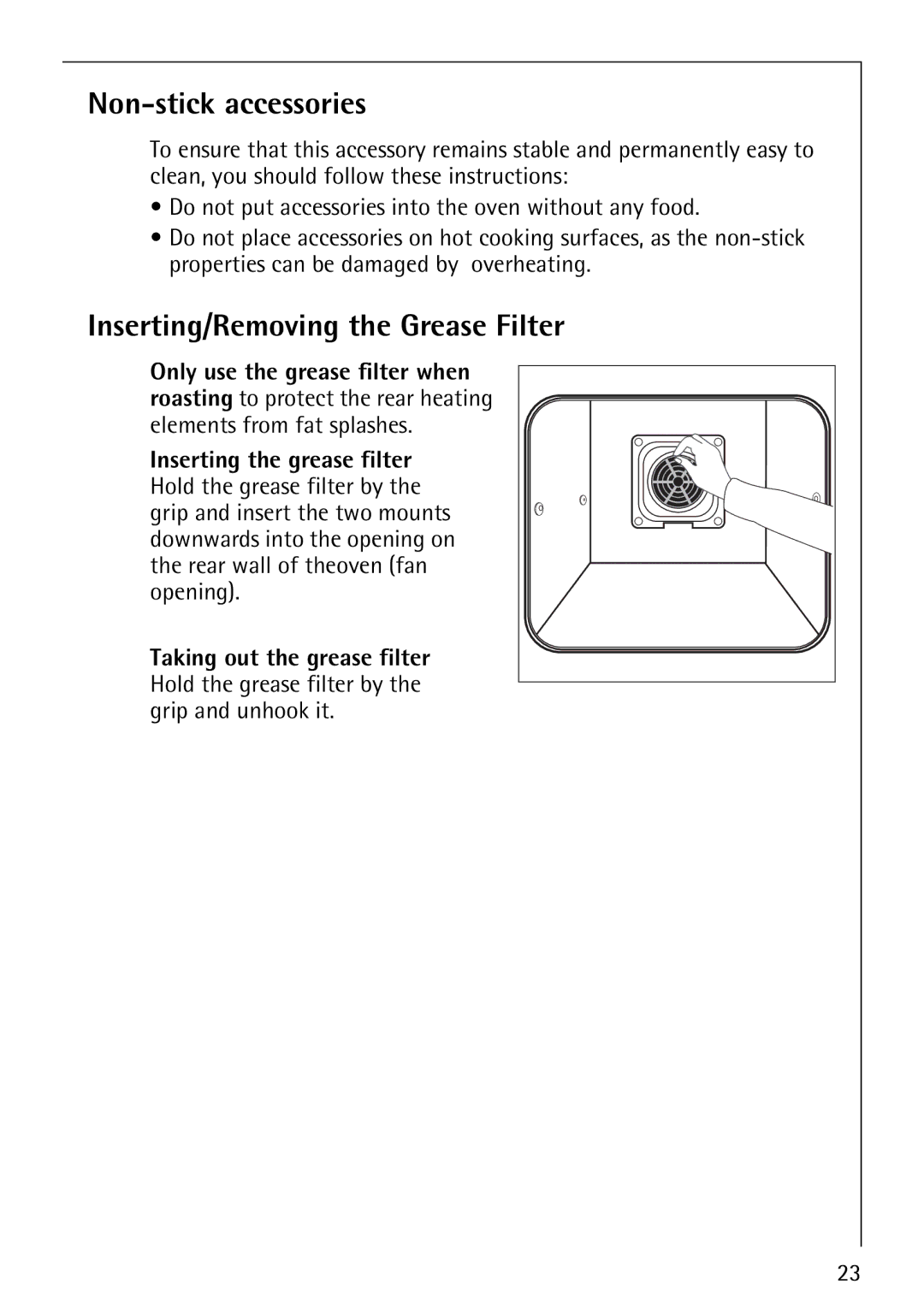 Electrolux E5731-4 manual Non-stick accessories, Inserting/Removing the Grease Filter 