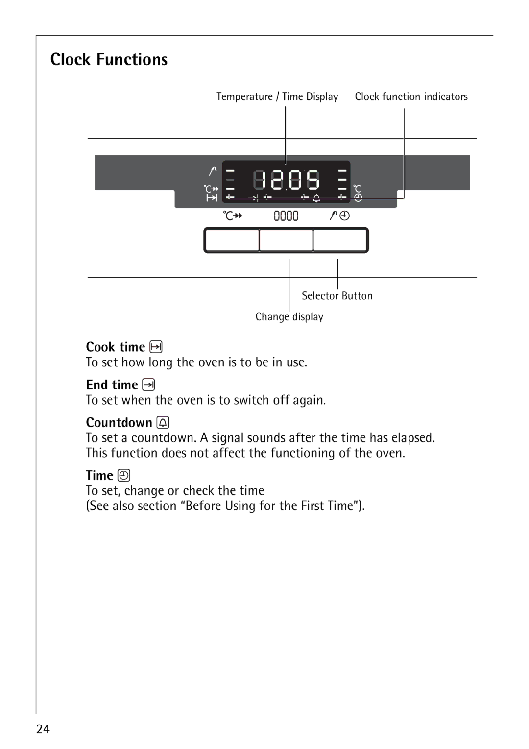 Electrolux E5731-4 manual Clock Functions, Cook time, End time, Countdown, Time 