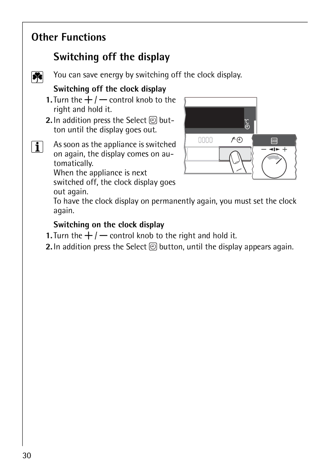 Electrolux E5731-4 manual Other Functions Switching off the display, Switching off the clock display 