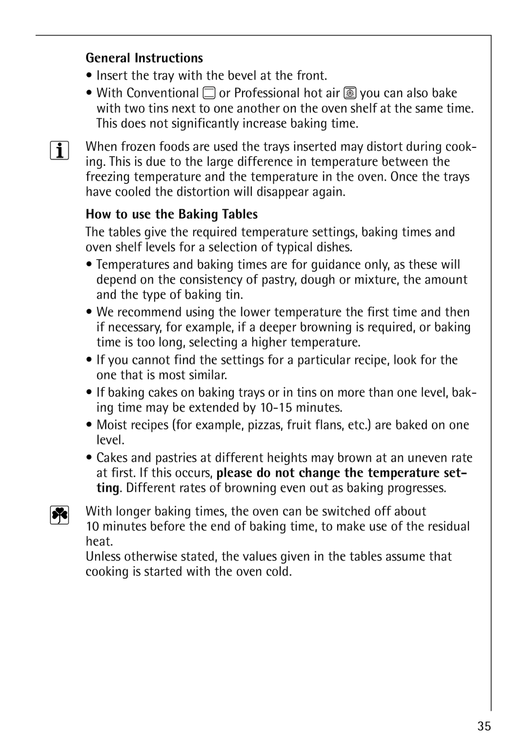 Electrolux E5731-4 manual General Instructions, How to use the Baking Tables 