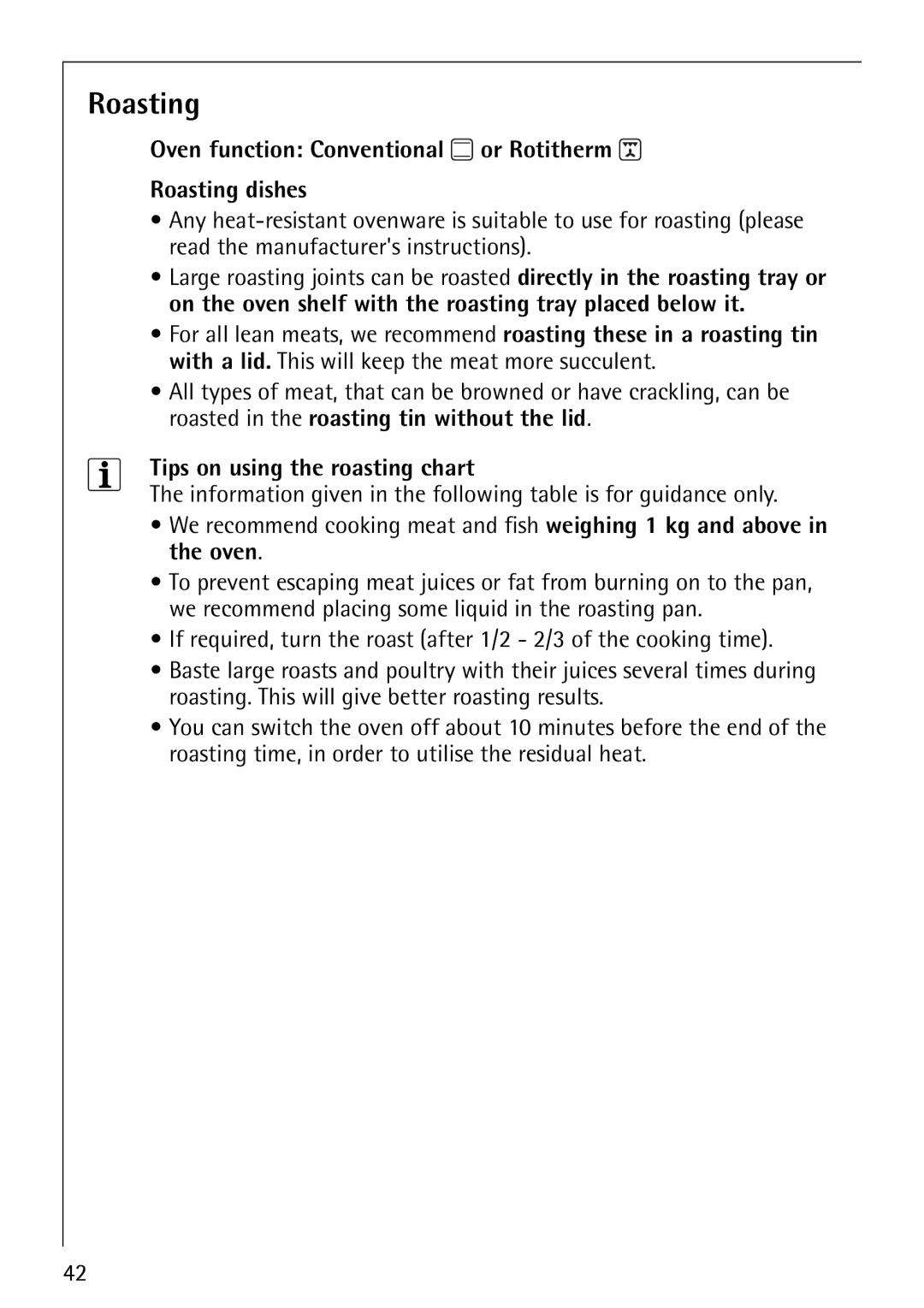 Electrolux E5731-4 manual Oven function Conventional or Rotitherm Roasting dishes, Tips on using the roasting chart 