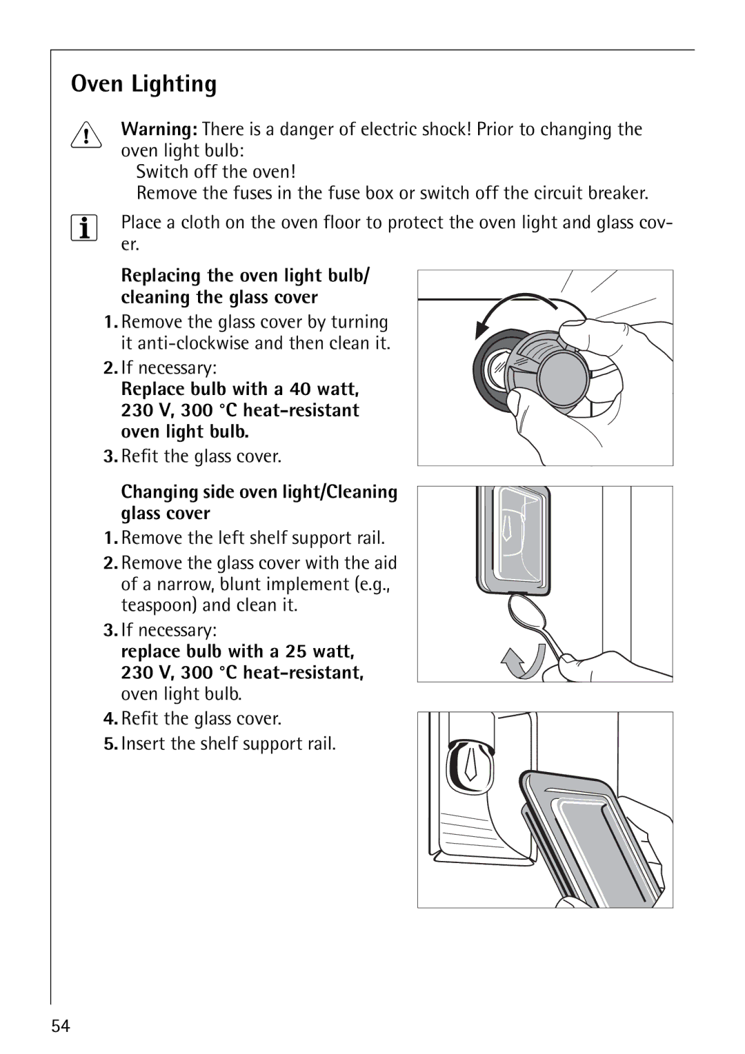 Electrolux E5731-4 manual Oven Lighting, Changing side oven light/Cleaning glass cover, Replace bulb with a 25 watt 