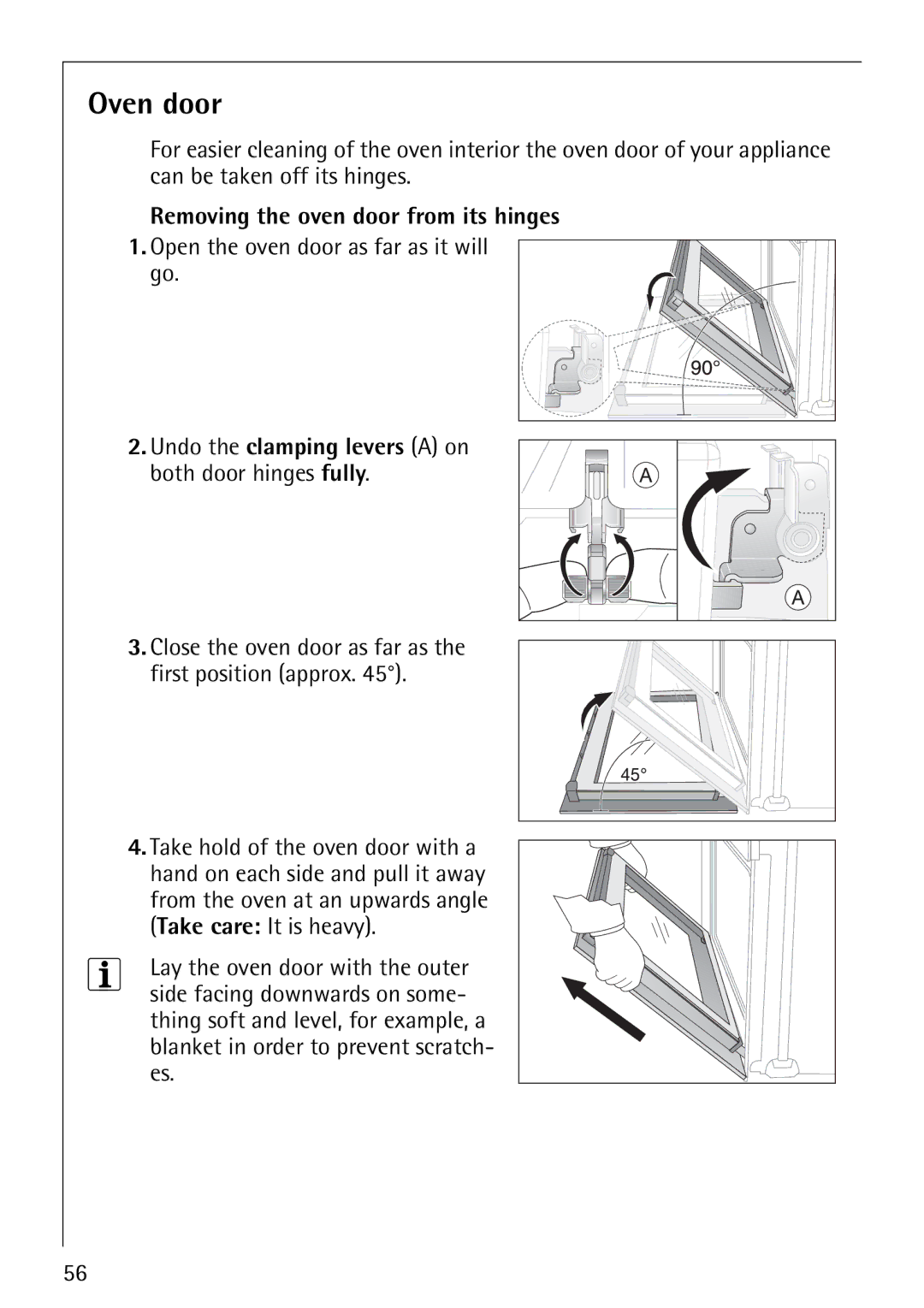 Electrolux E5731-4 manual Oven door, Removing the oven door from its hinges 