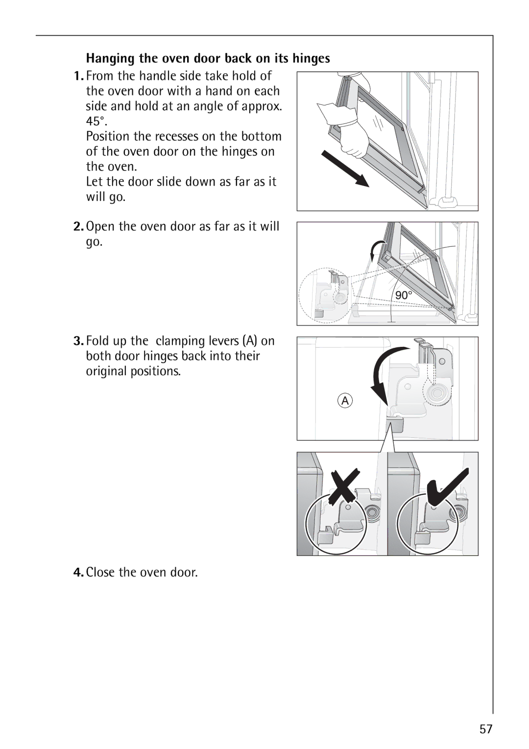 Electrolux E5731-4 manual Hanging the oven door back on its hinges 