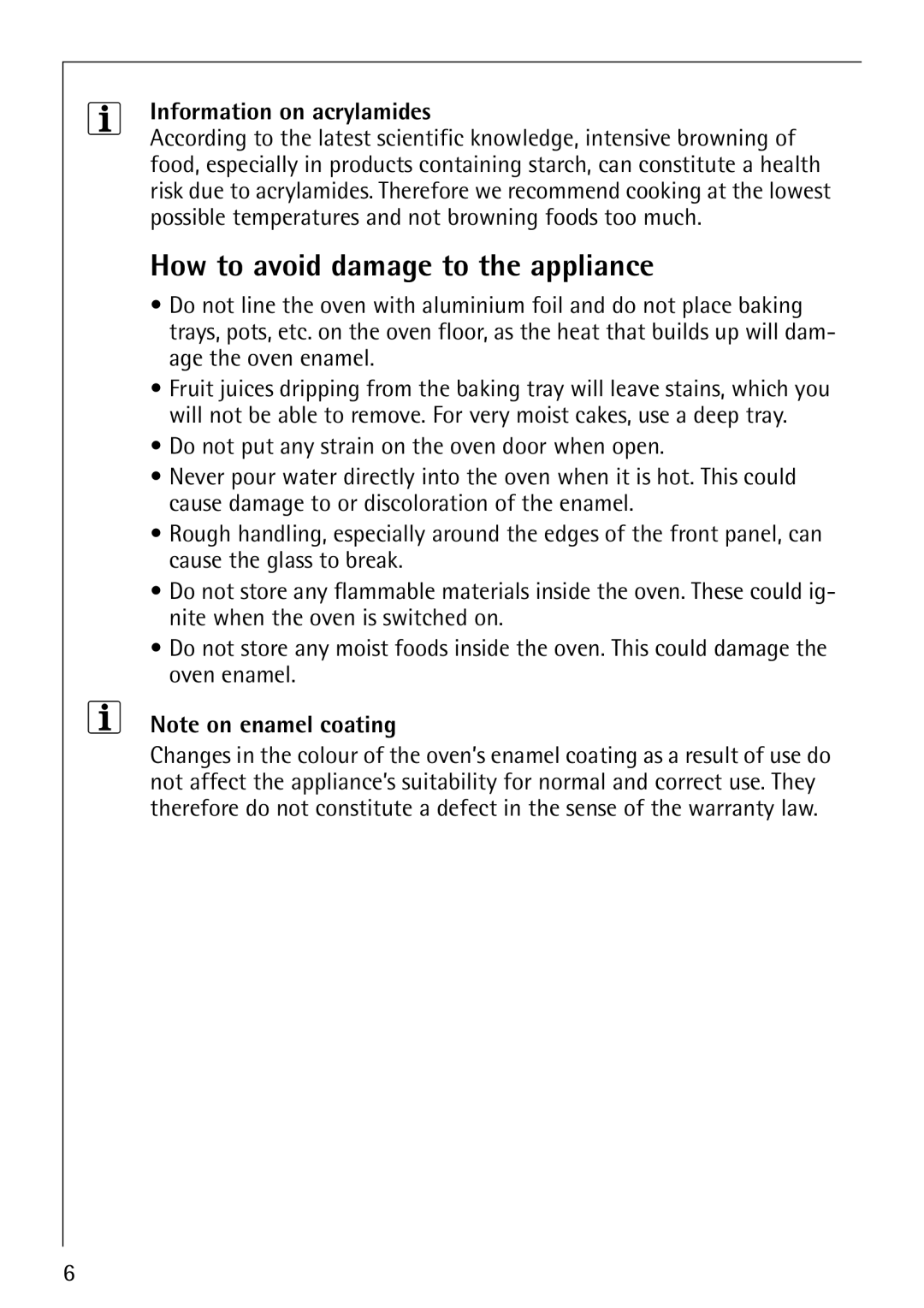 Electrolux E5731-4 manual How to avoid damage to the appliance, Information on acrylamides 