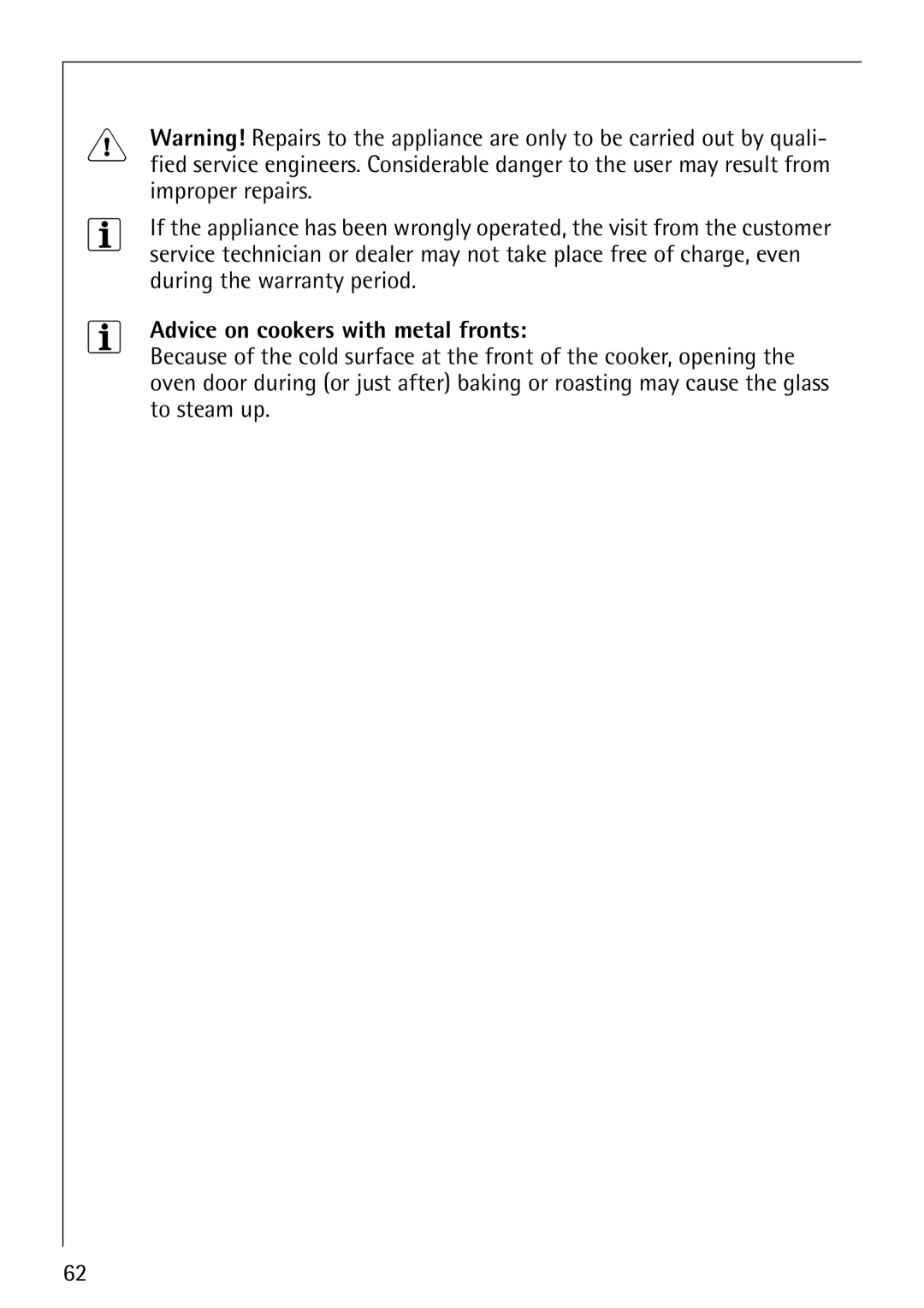 Electrolux E5731-4 manual Advice on cookers with metal fronts 