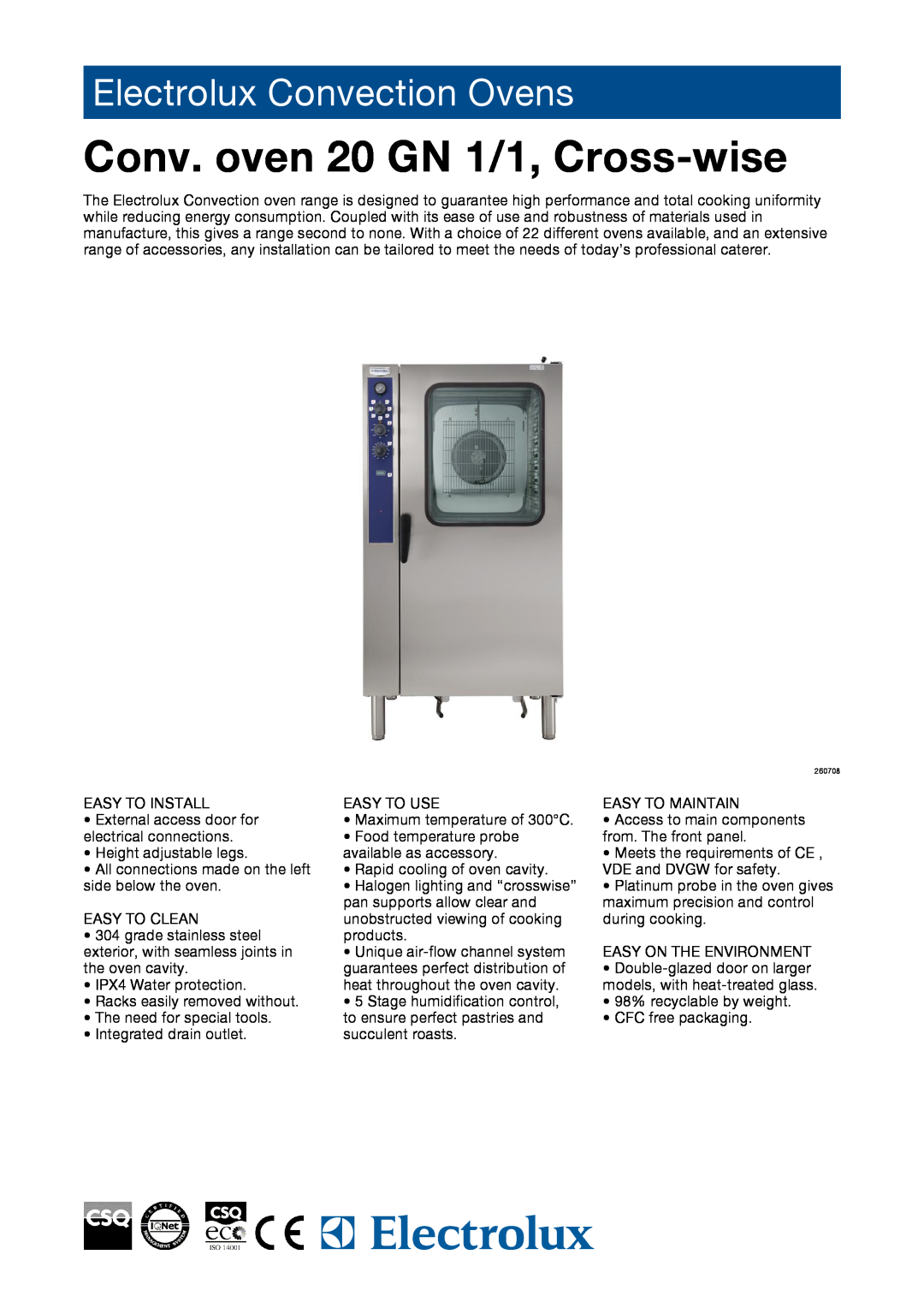 Electrolux 260708, EAA040 manual Conv. oven 20 GN 1/1, Cross-wise, Electrolux Convection Ovens 