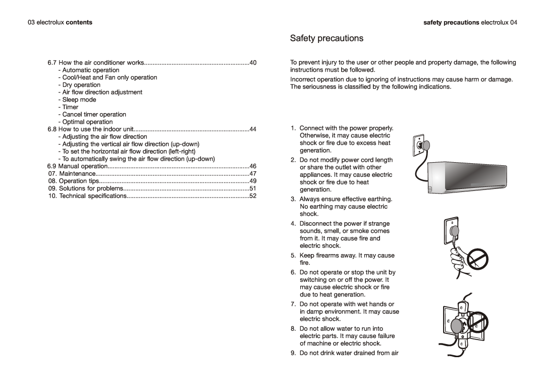Electrolux EAS(C,E)09C2ASK(W,S,M), EAS(C,E)24P5ASK(W,S,M) manual Safety precautions, safety precautions electrolux 