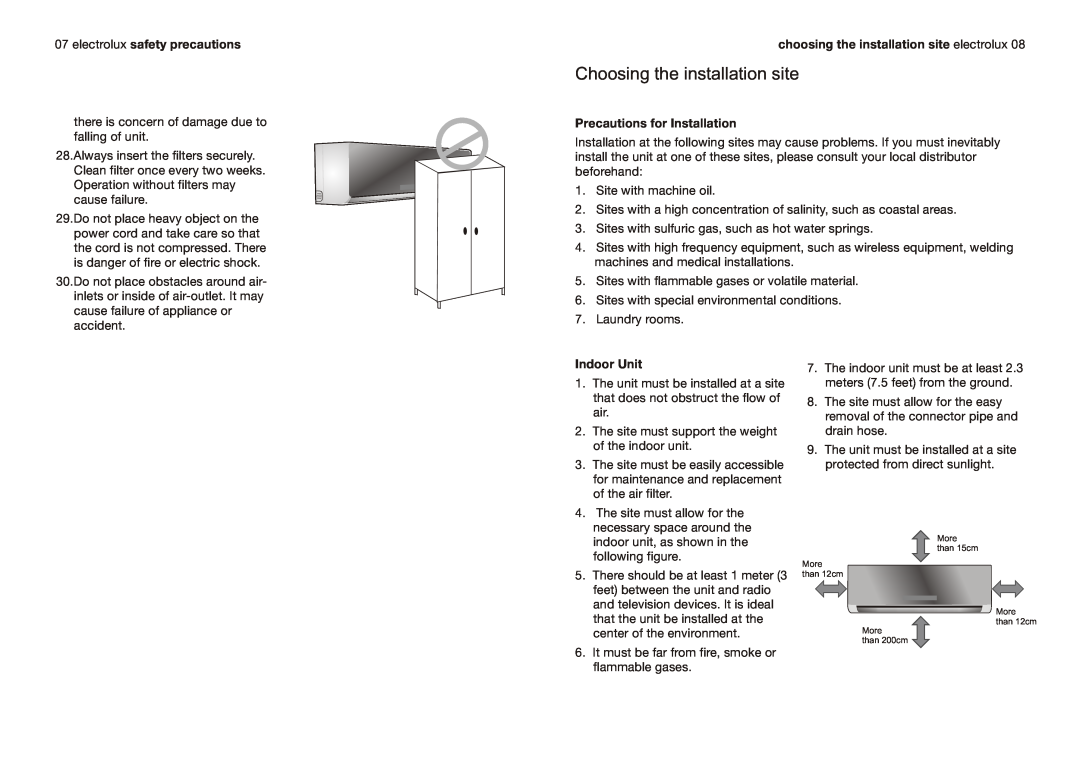 Electrolux EAS(C,E)12C2ASK(W,S,M) manual Choosing the installation site, electrolux safety precautions, Indoor Unit 