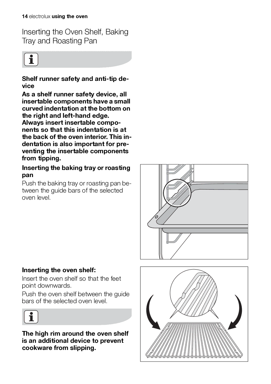 Electrolux EB GL40 user manual Inserting the Oven Shelf, Baking Tray and Roasting Pan, Inserting the oven shelf 