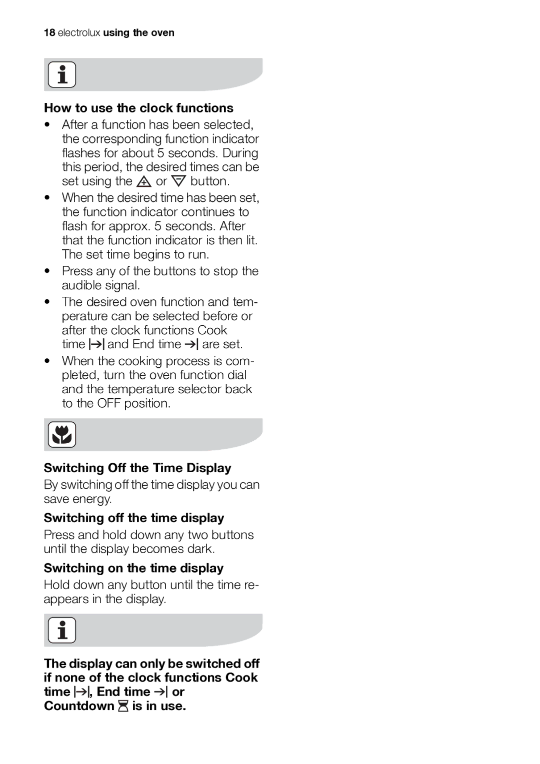 Electrolux EB GL40 How to use the clock functions, Switching Off the Time Display, Switching on the time display 