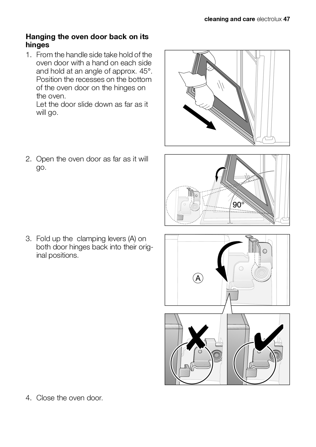 Electrolux EB GL40 user manual Hanging the oven door back on its hinges 