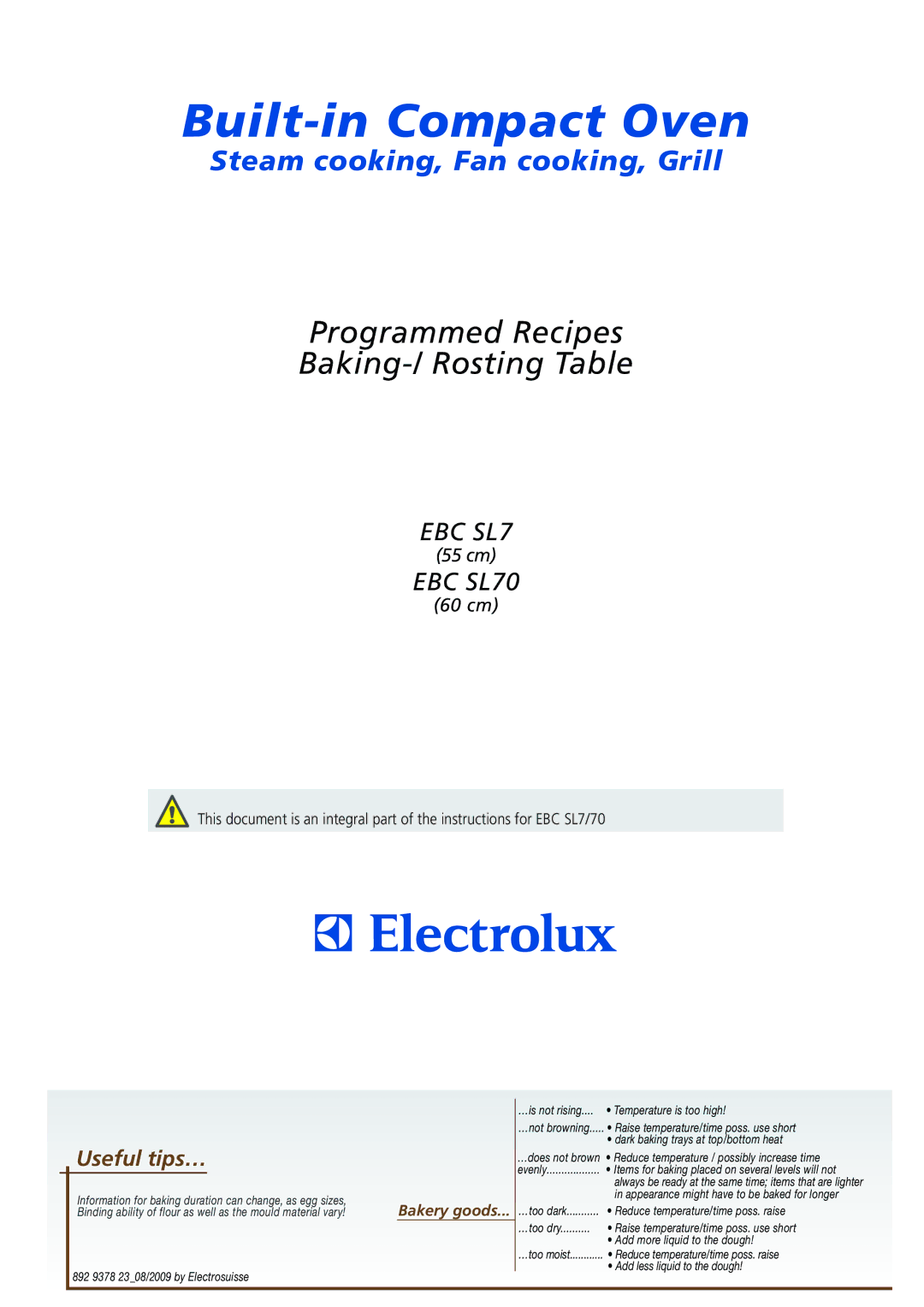 Electrolux EBC SL70 manual Steam cooking, Fan cooking, Grill, 55 cm, 60 cm 