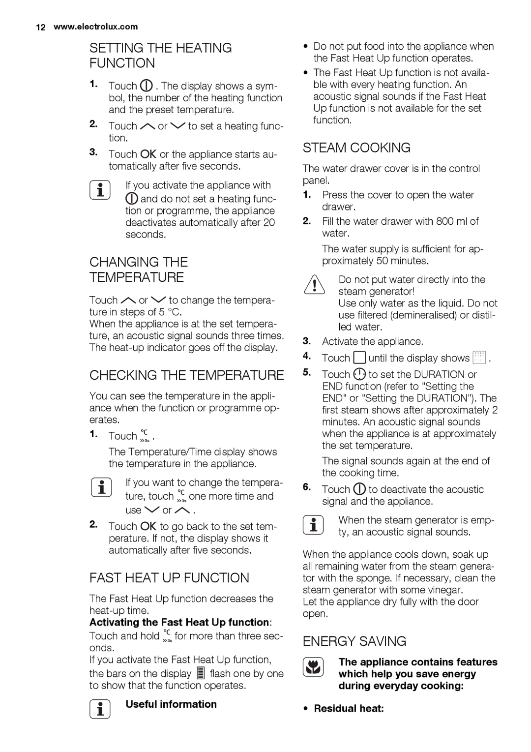 Electrolux EBGL70 Setting the Heating Function, Changing Temperature, Checking the Temperature, Fast Heat UP Function 