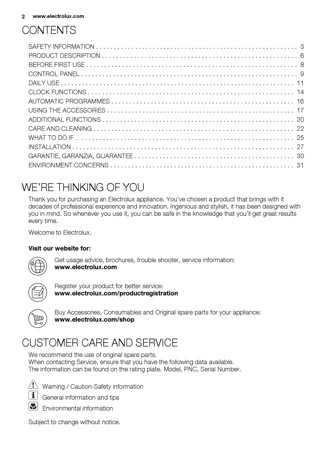 Electrolux EBGL70 user manual Contents, WE’RE Thinking of YOU, Customer Care and Service 