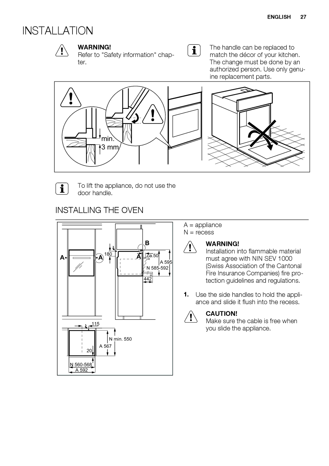 Electrolux EBGL70 user manual Installation, Installing the Oven, To lift the appliance, do not use the door handle 