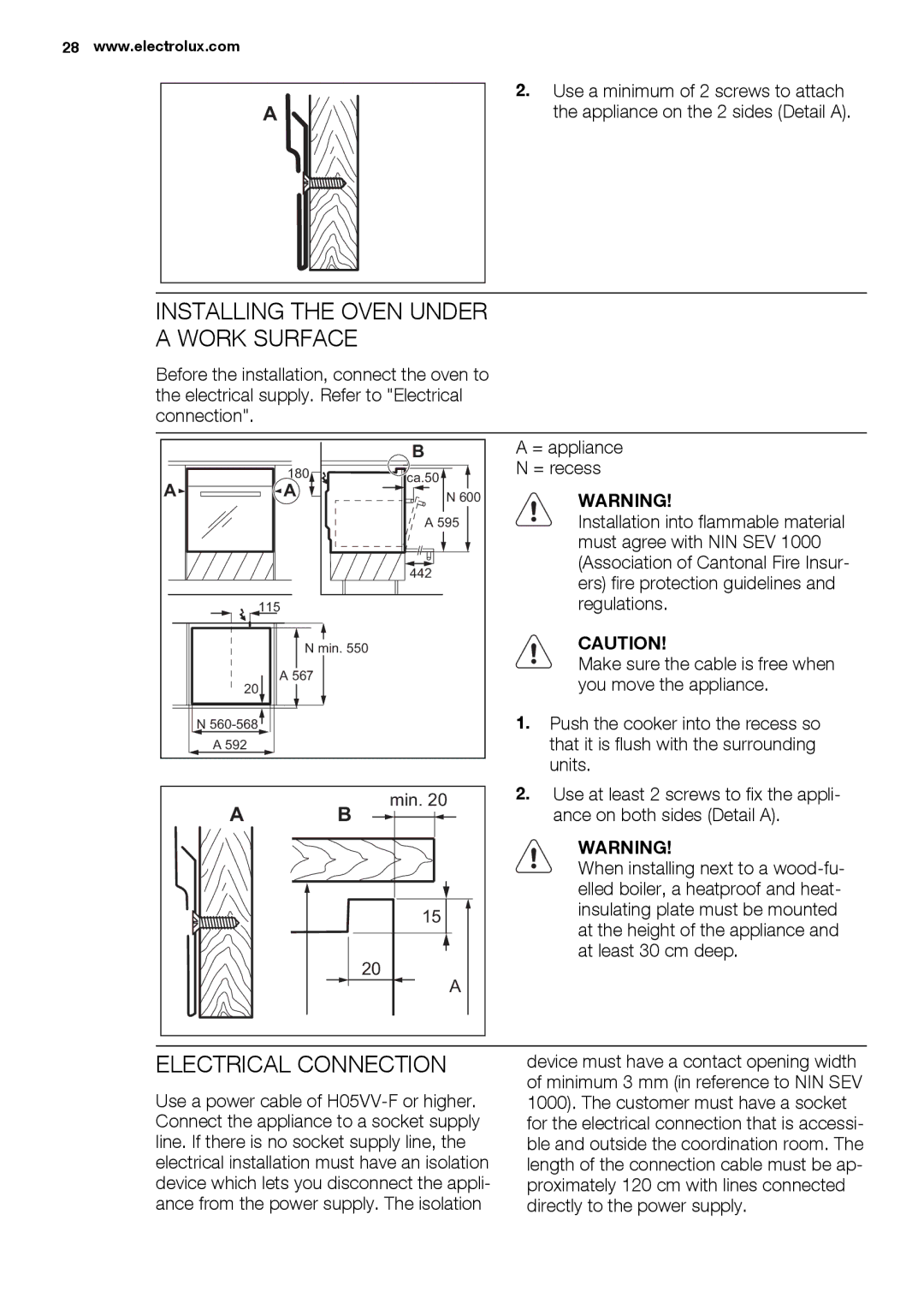 Electrolux EBGL70 user manual Installing the Oven Under a Work Surface, Electrical Connection, Min 