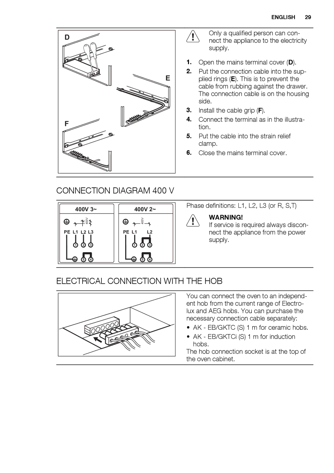 Electrolux EBGL70 user manual Connection Diagram 400, Electrical Connection with the HOB 