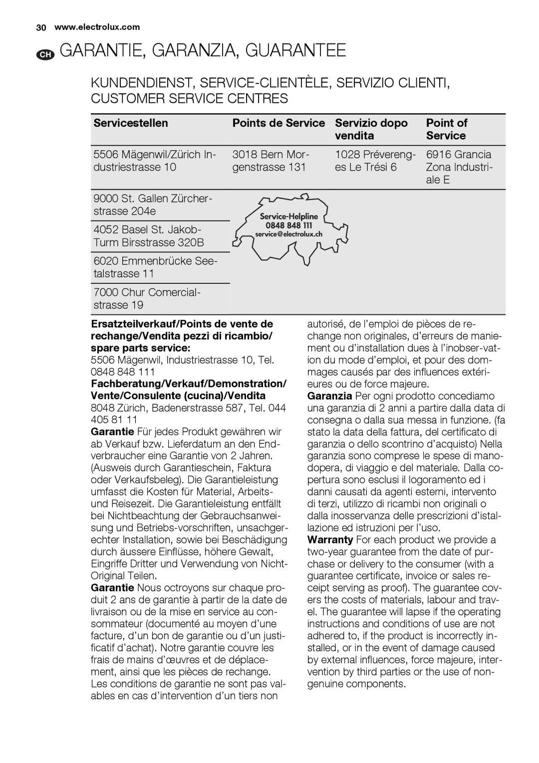 Electrolux EBGL70 user manual CH GARANTIE, GARANZIA, Guarantee, Servicestellen Points de Service Servizio dopo Vendita 