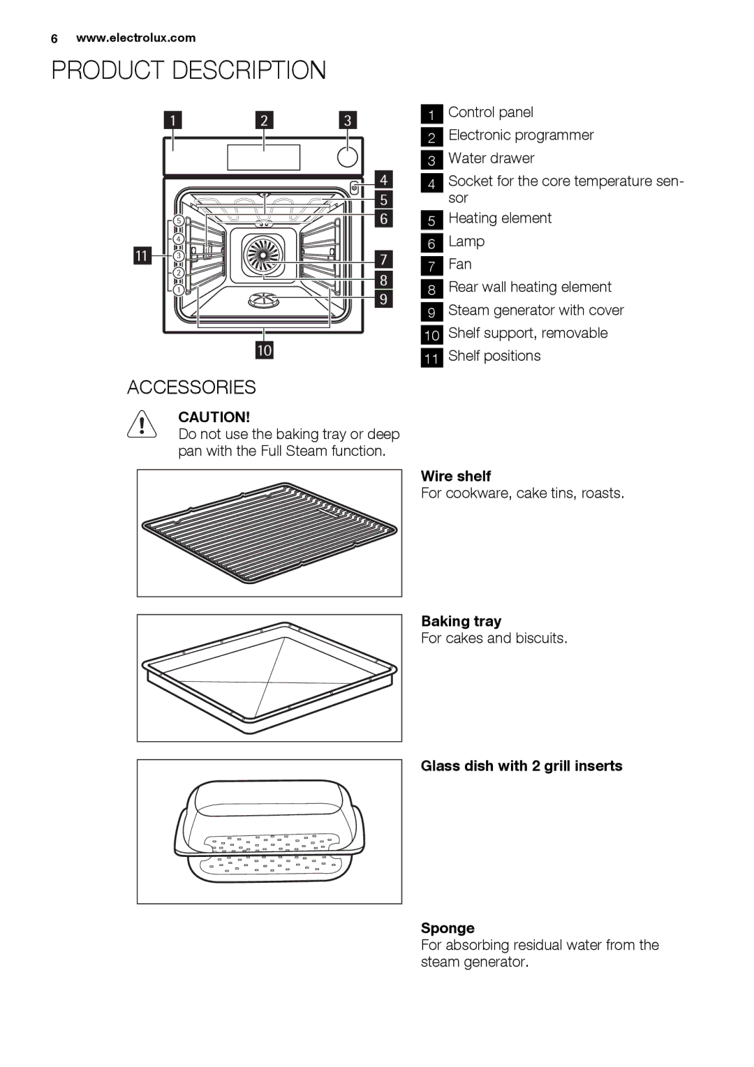 Electrolux EBGL70 Product Description, Accessories, Wire shelf, Baking tray, Glass dish with 2 grill inserts Sponge 