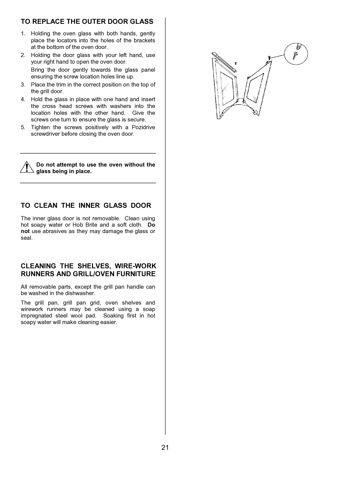 Electrolux EBUSS manual To Replace the Outer Door Glass, To Clean the Inner Glass Door 