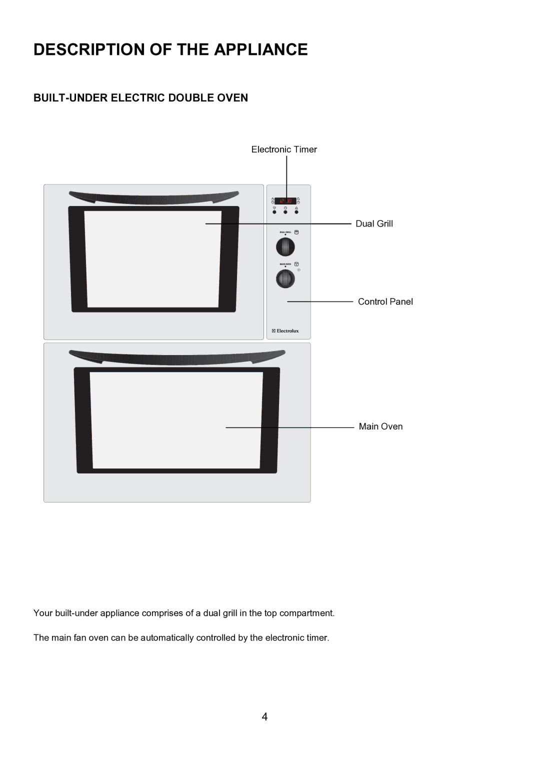 Electrolux EBUSS manual Description of the Appliance, BUILT-UNDER Electric Double Oven 