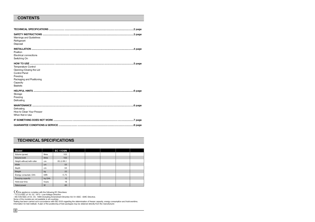 Electrolux EC 1109N installation manual Contents, Technical Specifications 