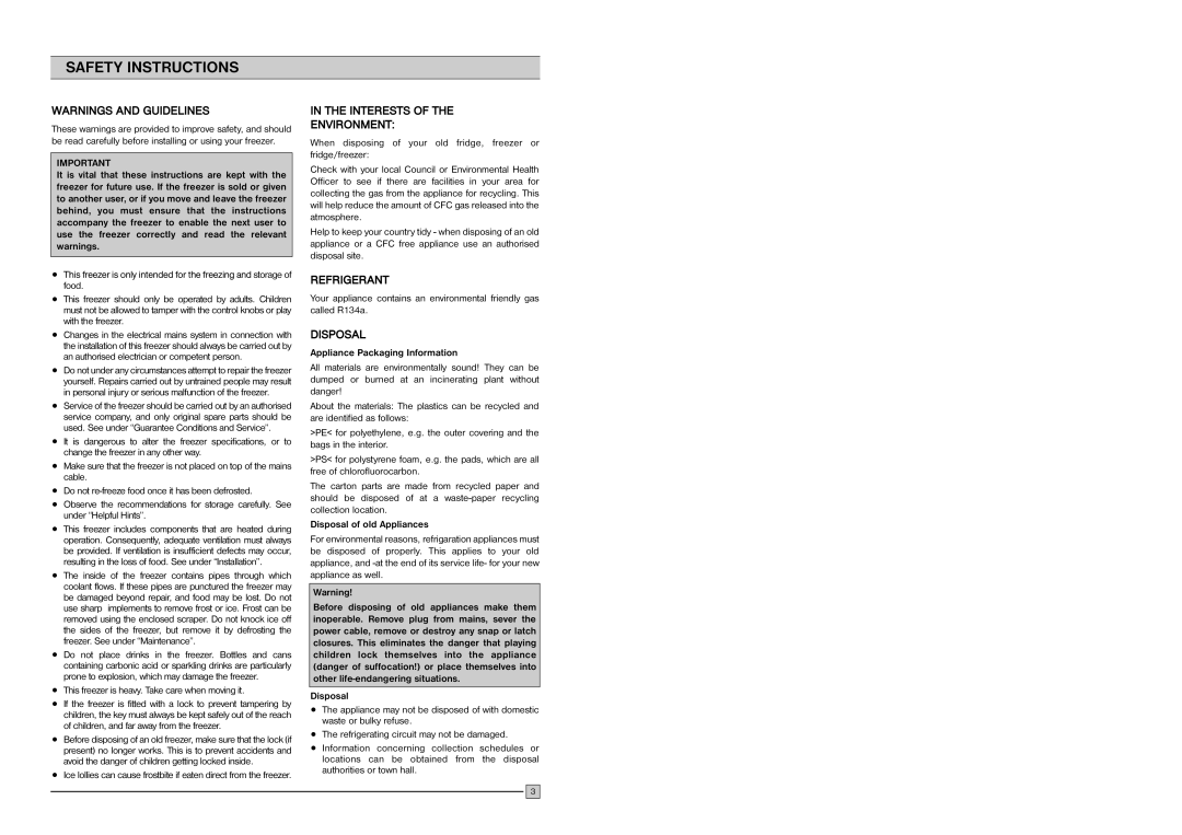 Electrolux EC 1109N installation manual Safety Instructions, Interests Environment, Refrigerant, Disposal 