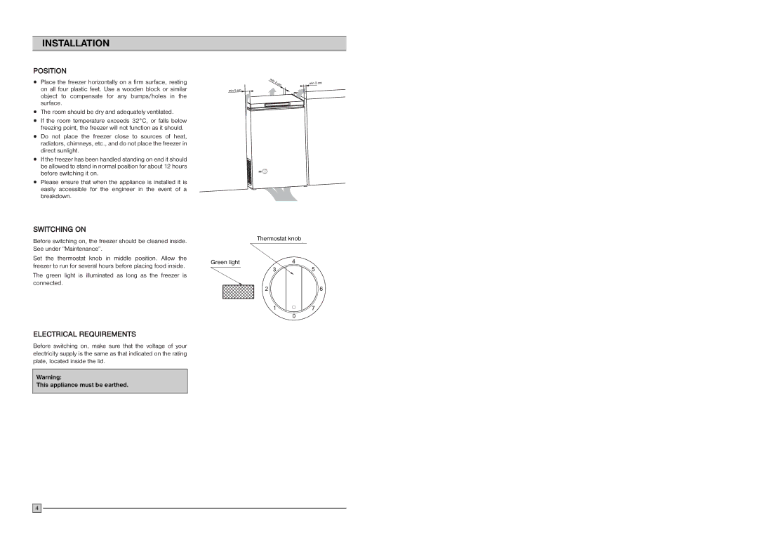 Electrolux EC 1109N installation manual Installation, Position, Switching on, Electrical Requirements 