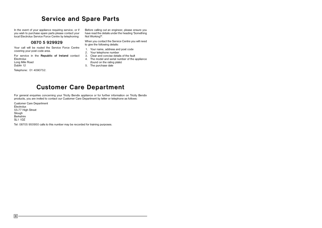 Electrolux EC 1109N installation manual Customer CarCaree DeparDepartmenttment 